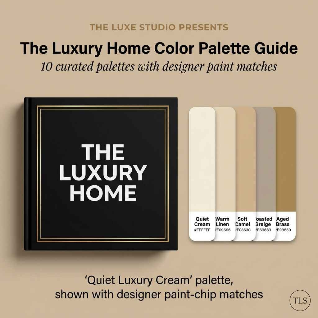The Luxury Home Color Palette Guide mockup with Quiet Luxury cream paint swatches and hex codes