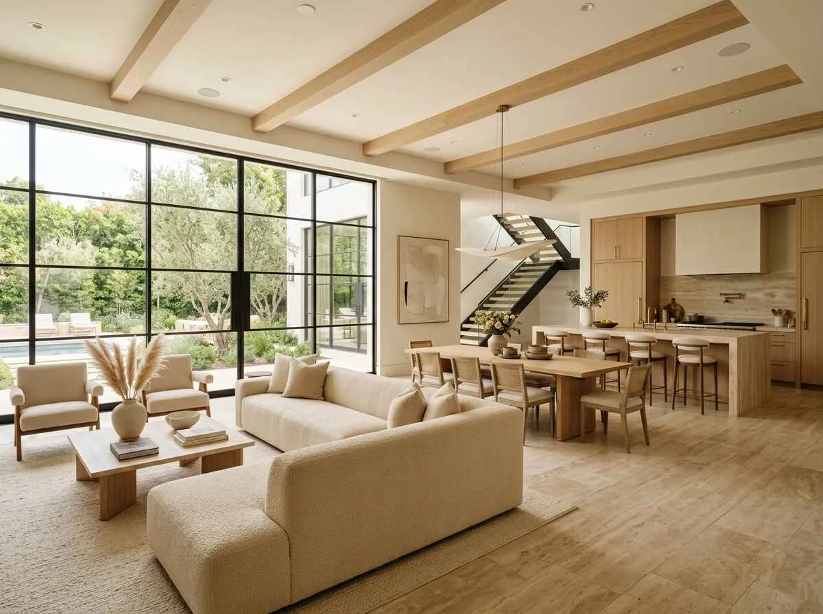 Modern open-concept luxury living room featuring neutral beige furniture, travertine flooring, and black grid floor-to-ceiling windows.