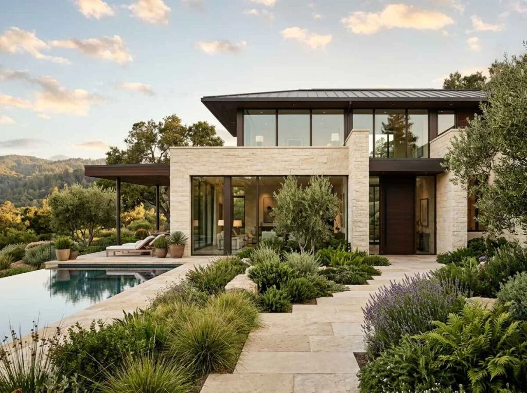 Architectural luxury modern home exterior with cream travertine walls, expansive glass windows, infinity pool, and lush landscaping.