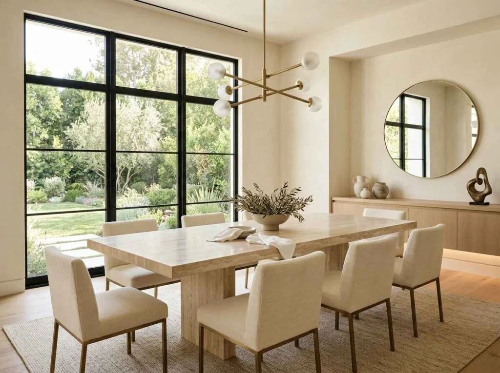 Elegant modern dining room with a travertine dining table, cream upholstered chairs, brass chandelier, and minimalist round wall mirror.