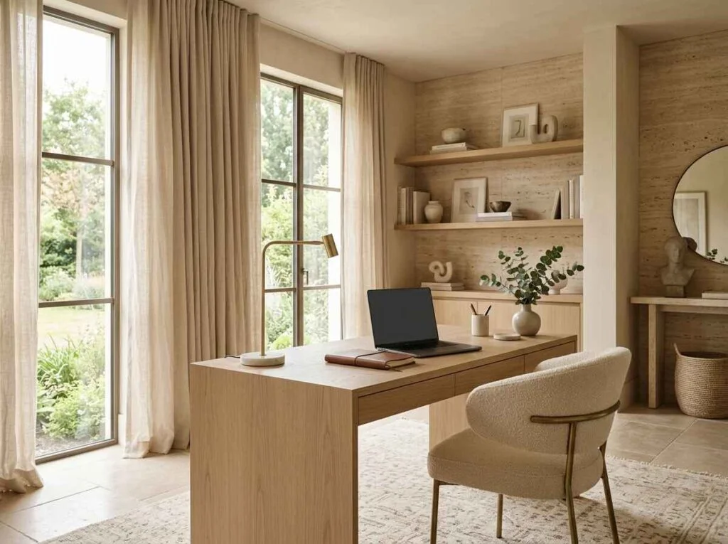 Minimalist luxury home office with warm oak desk, cream bouclé armchair, built-in open shelving, and sheer curtains.