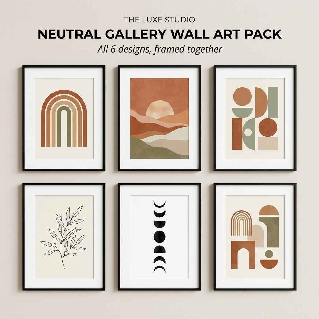 Neutral Gallery Wall Art Pack framed set of 6 terracotta and boho geometric aesthetic printable art designs