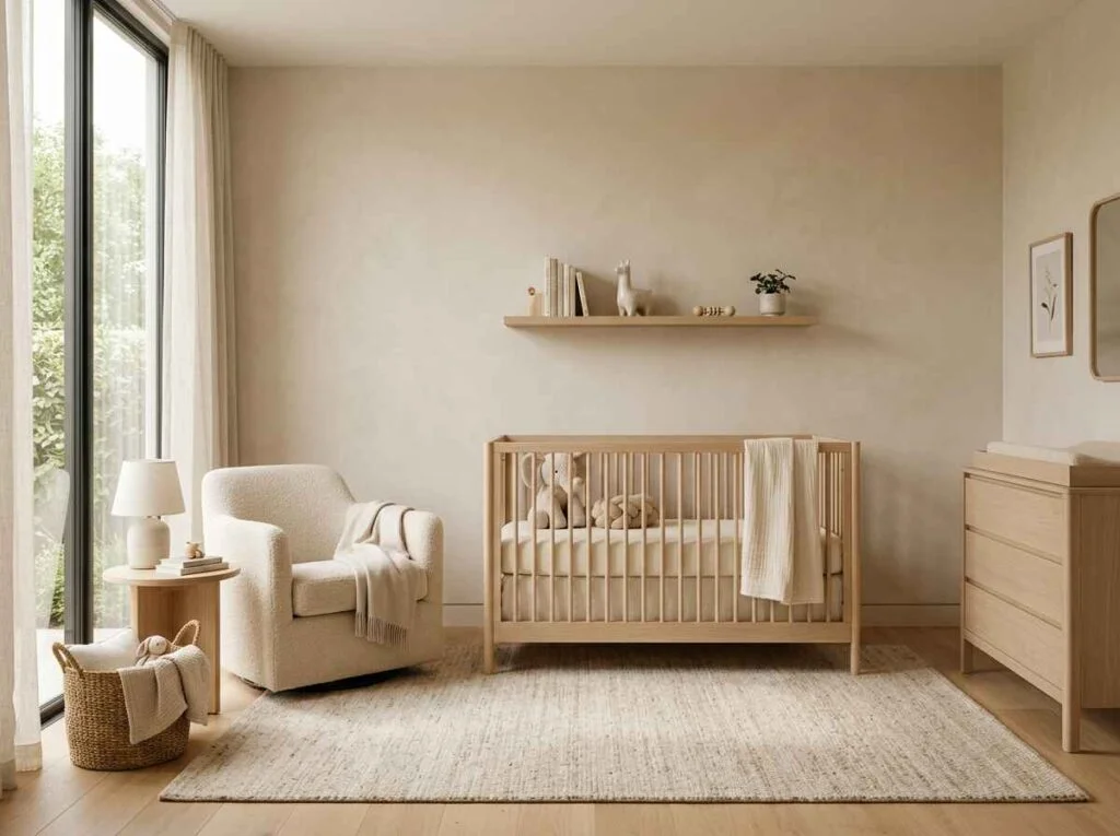 Aesthetic neutral nursery room with natural light wood crib, cream bouclé rocking armchair, and warm beige walls.