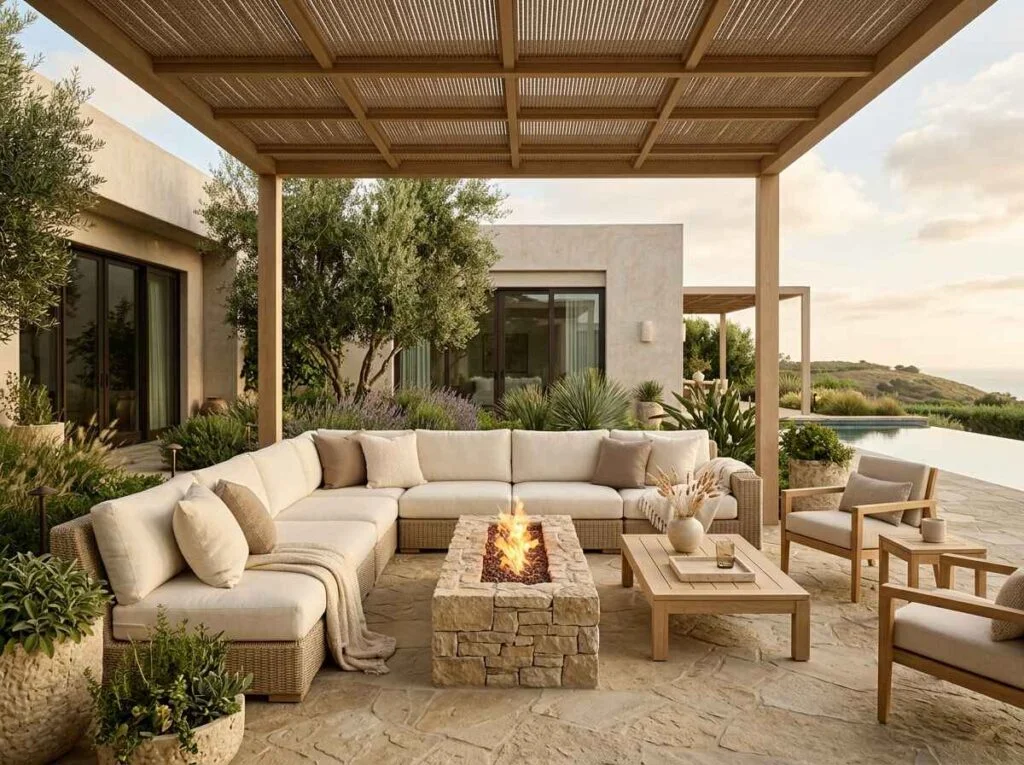 Luxury outdoor patio setup with white sectional sofa, custom stone fire pit, wood pergola roof, and ocean view.