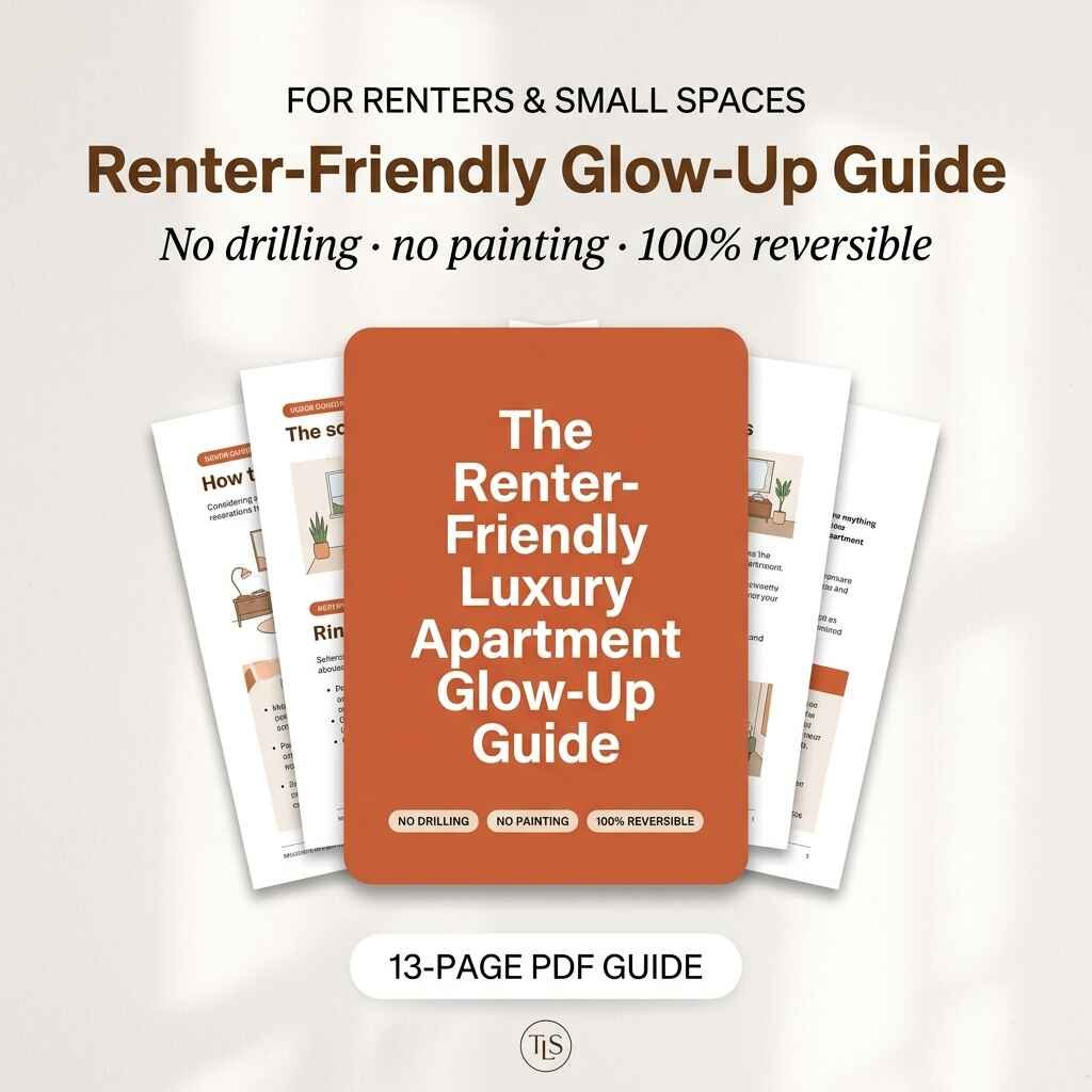 Renter-Friendly Luxury Apartment Glow-Up Guide PDF mockup by Luxe Studio showing no-drilling styling pages