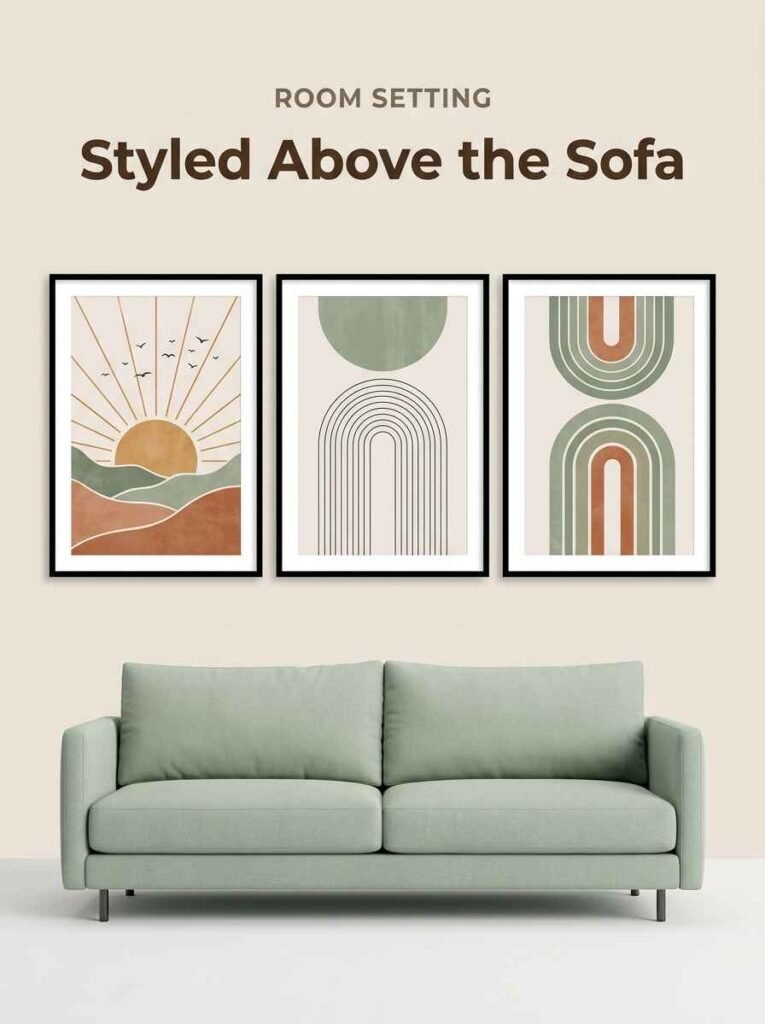 Neutral gallery wall art styled above a green living room sofa