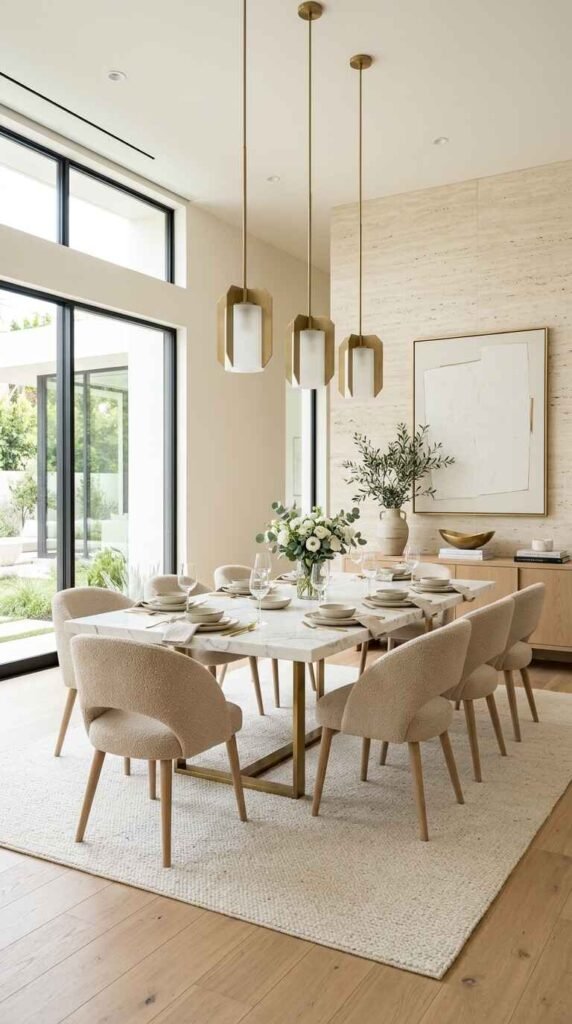 Calacatta white marble dining table with brass trestle base and trio of suspended brass pendant lights.