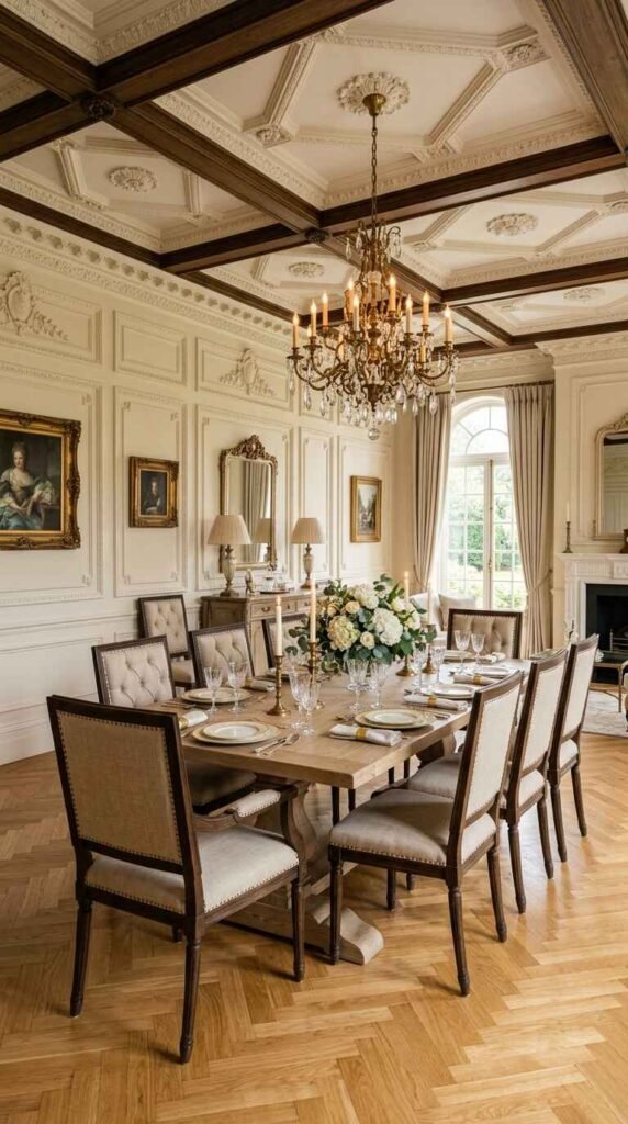 Classic luxury dining room featuring an ornate crystal chandelier, dark wood coffered ceiling, traditional wall moulding, and herringbone parquet hardwood flooring.