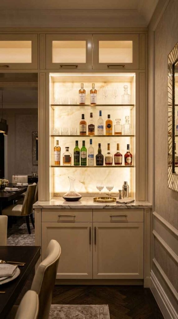 Custom built-in home bar cabinet with backlit onyx shelving, liquor decanters, brass hardware, and white marble countertop adjoining a dining room.
