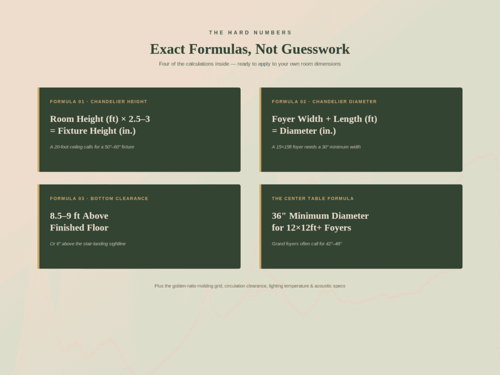 Grid displaying exact architectural formulas for double-height foyer chandelier height, diameter, bottom clearance, and center table sizing.