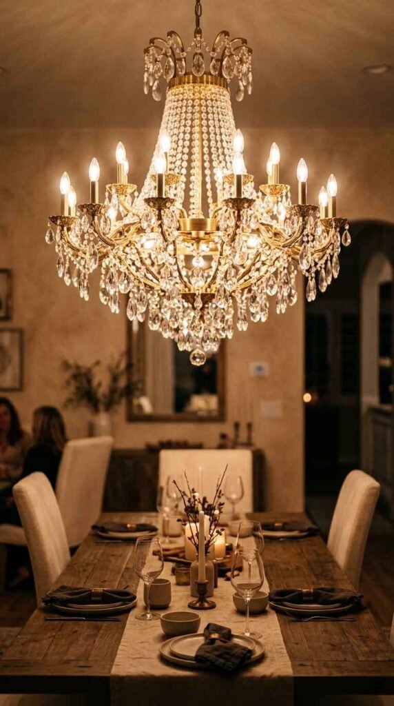 Dramatic brass and crystal chandelier illuminated over a rustic luxury dining table setting with warm ambient lighting.