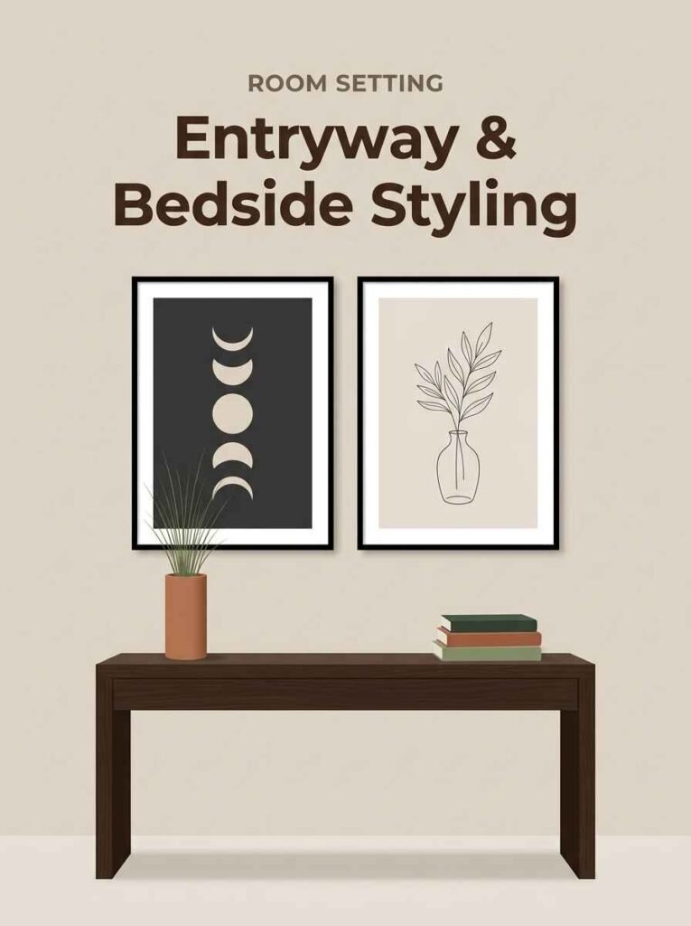 Boho abstract wall art prints styled above an entryway console table