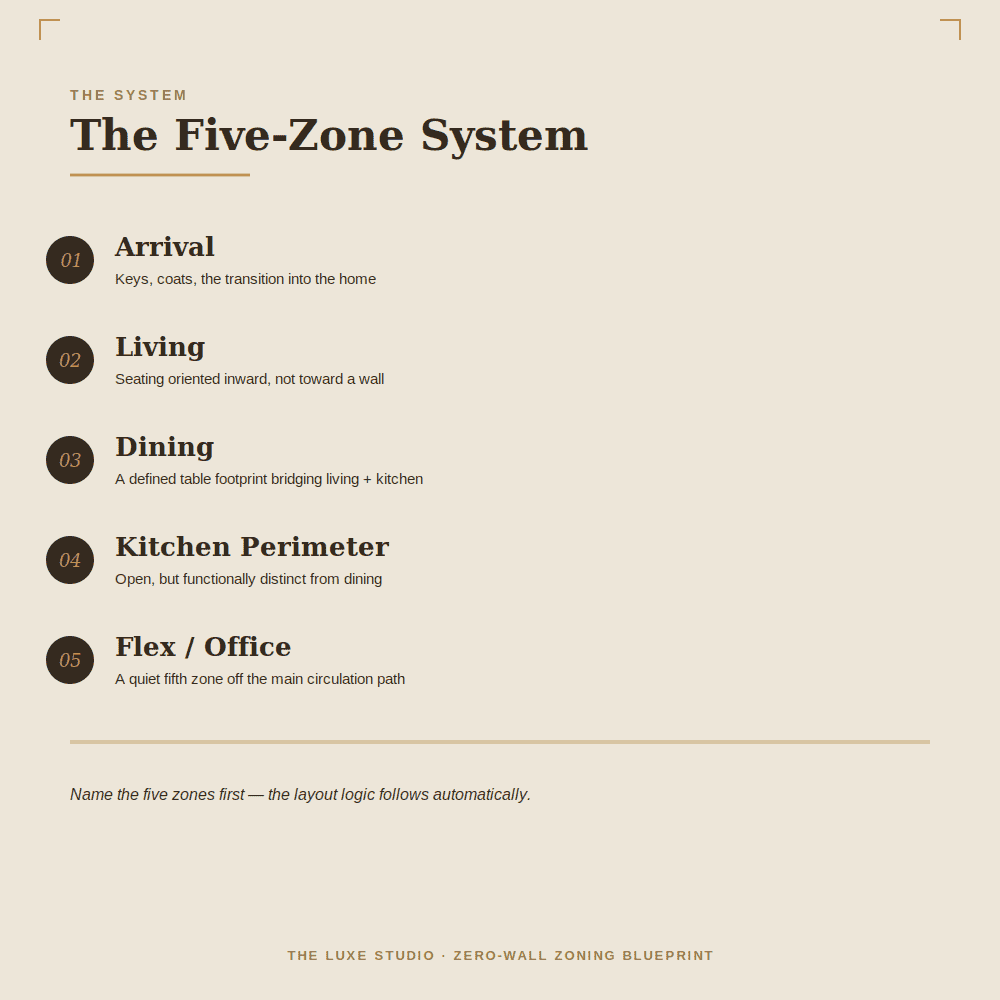 The Five-Zone System diagram for zero-wall zoning: 01 Arrival, 02 Living, 03 Dining, 04 Kitchen Perimeter, and 05 Flex/Office zones that define open-concept apartment layouts without walls