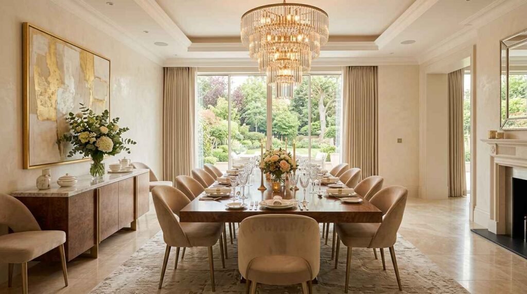 Grand luxury dining room featuring multi-tier crystal chandelier, rich walnut table, and floor-to-ceiling garden views.