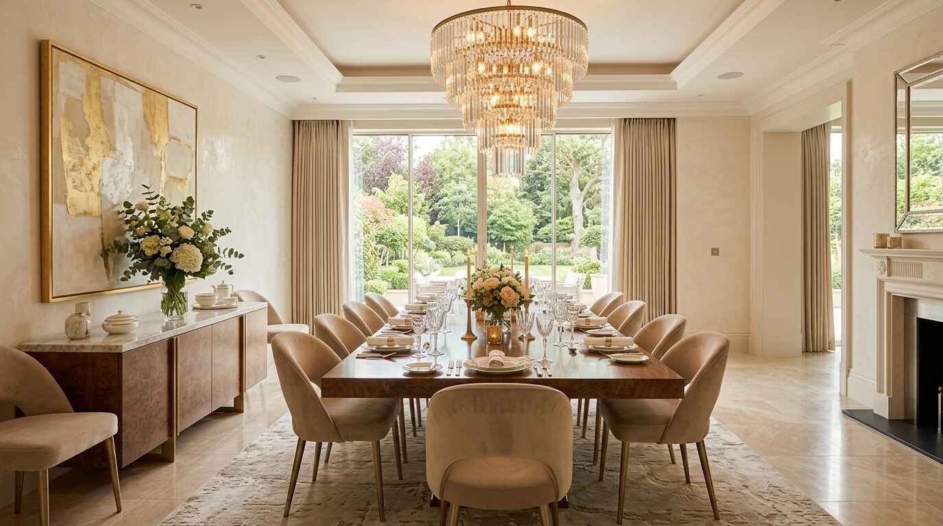 Grand luxury dining room featuring multi-tier crystal chandelier, rich walnut table, and floor-to-ceiling garden views.
