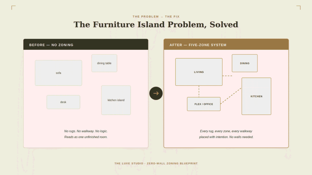 Before and after comparison of the Furniture Island Problem solved using the Five-Zone System — chaotic furniture layout transformed into intentional Living, Dining, Kitchen, and Flex/Office zones with rugs and walkways
