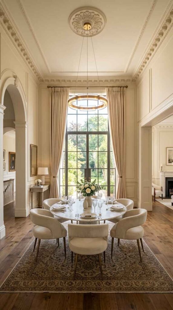 High ceiling luxury dining room with custom curved-back dining chairs, round marble table, arched floor-to-ceiling windows, and traditional medallion ceiling rose.