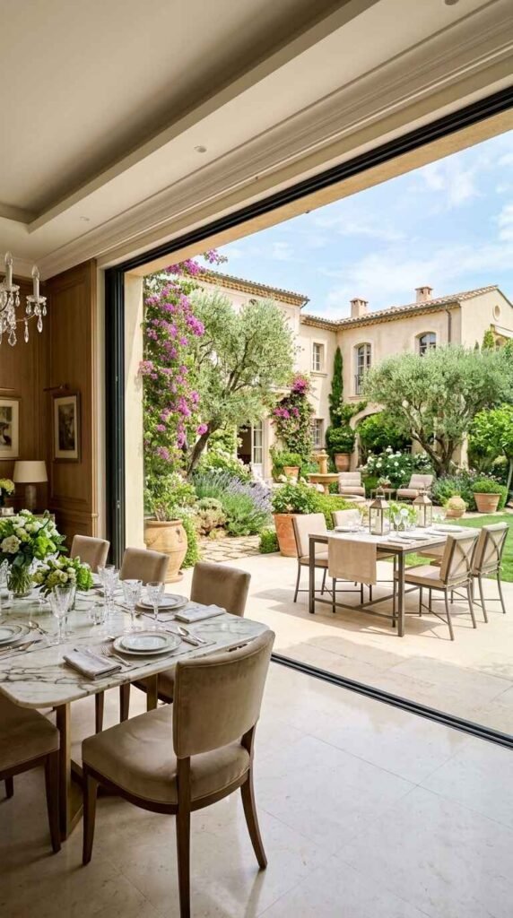 Indoor outdoor luxury dining room with expansive glass sliding doors opening to a sunlit garden terrace and courtyard pool view.