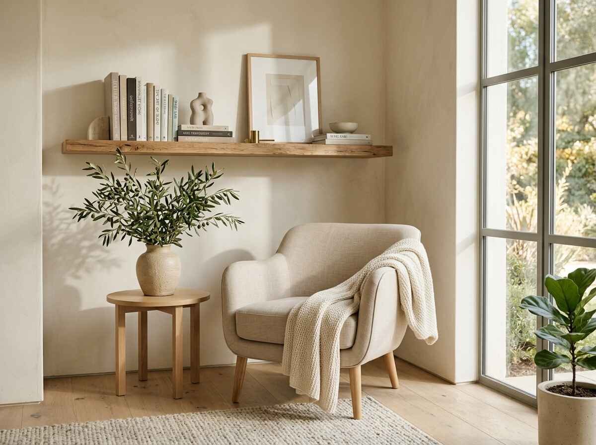 Luxe Studio warm neutral cream armchair styling nook with wooden floating shelf and olive branch vaseLuxe Studio warm neutral cream armchair styling nook with wooden floating shelf and olive branch vase