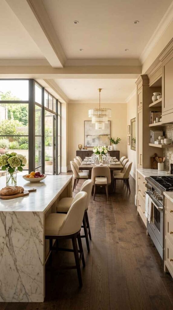 Architectural luxury kitchen and dining flow showcasing floor-to-ceiling glass doors and spatial proportions.