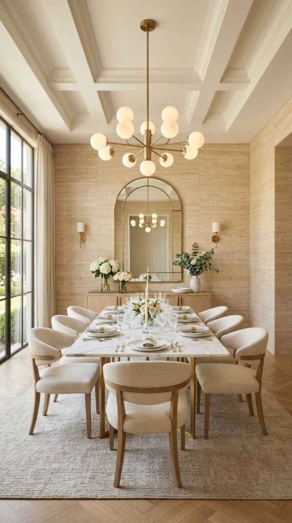 High-end luxury dining room with architectural coffered ceiling, travertine feature wall, and modern brass globe chandelier.