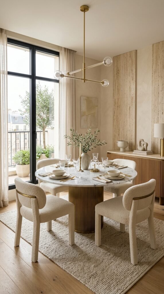 Contemporary brass linear chandelier hanging over round marble top table in warm neutral dining room.