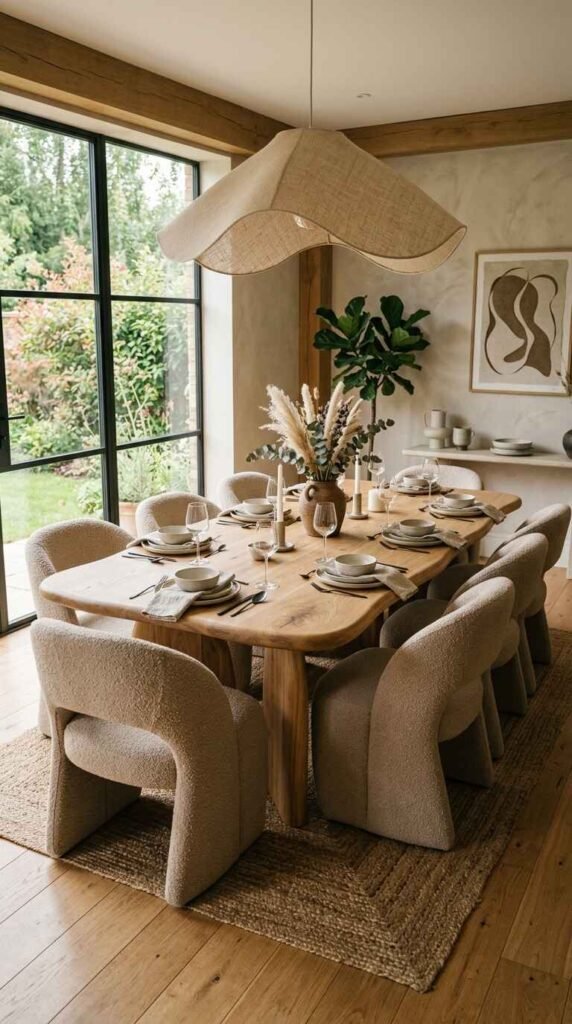 Warm organic luxury color palette featuring natural oak wood, sand-toned bouclé fabric, beige plaster walls, and jute rug.