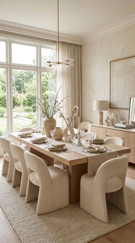 Elegantly styled luxury dining table with ceramic vases, natural branches, linen runner, and formal place settings.