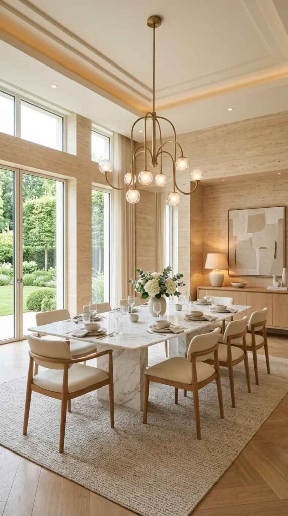 Symmetrical luxury dining room layout featuring floor-to-ceiling windows, natural travertine walls, and arched brass globe chandelier.