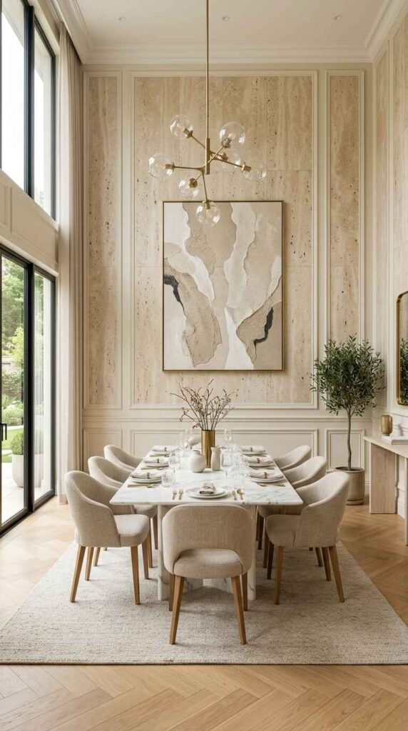 Double-height dining room featuring classic picture frame wall moulding integrated with full-height travertine stone panels.