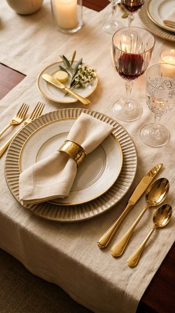 Elegant dining table place setting with polished gold flatware, ribbed ceramic charger plates, neutral linen napkins, and crystal wine goblets.