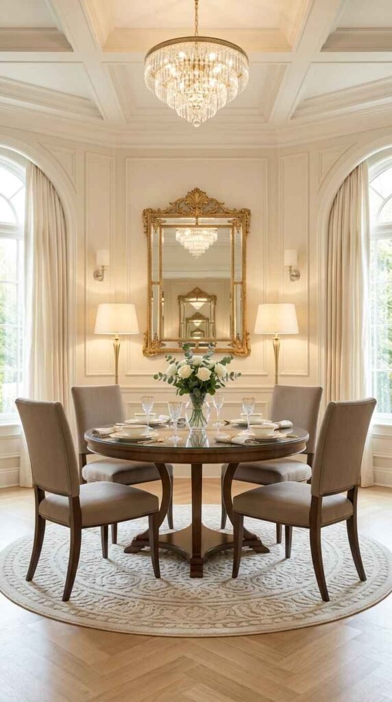 Formal luxury dining room featuring plush upholstered dining chairs around a round dark wood dining table.