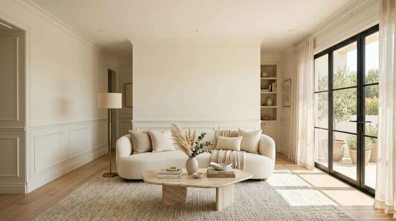 Luxury modern neutral living room featuring a cream boucle sofa and travertine table with natural light