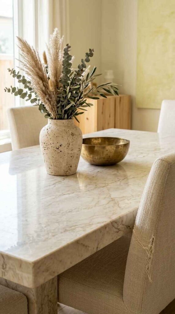 Honed white marble dining table close-up styled with a textured travertine stone vase, dried foliage, and brass bowl centerpiece.