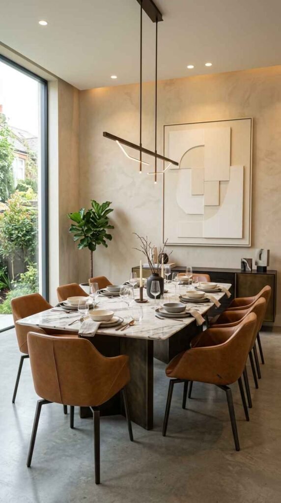 Modern luxury dining room styling featuring tan leather armchairs, sleek marble table, linear pendant lighting, and 3D textured artwork.