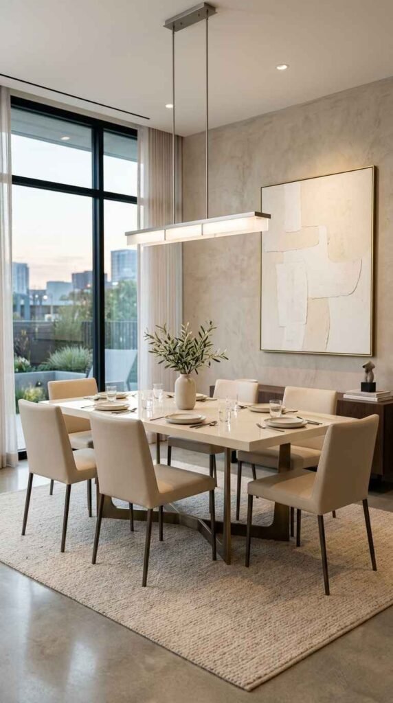 Modern luxury dining room featuring a sleek linear pendant light, neutral upholstered chairs, beige marble dining table, and floor-to-ceiling window views.