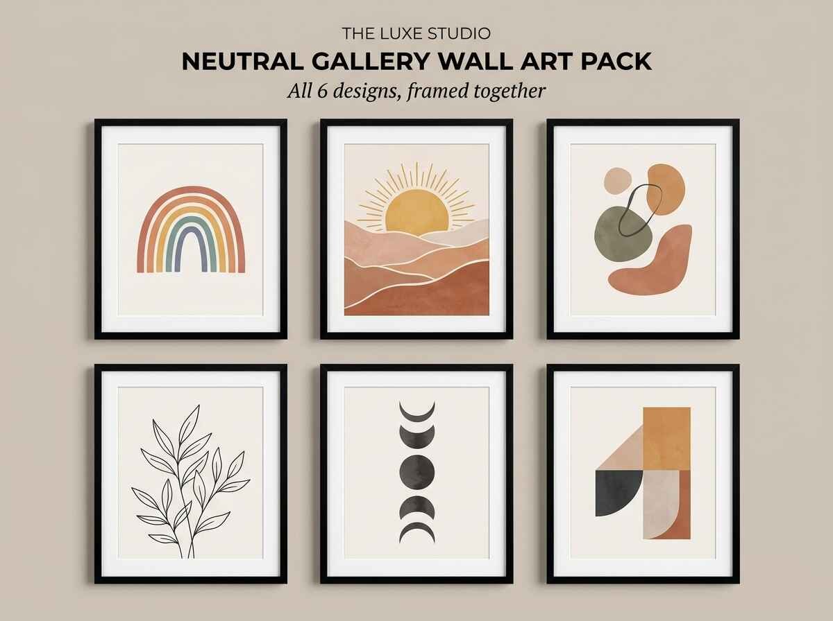 Set of 6 neutral printable gallery wall art prints framed on warm beige background