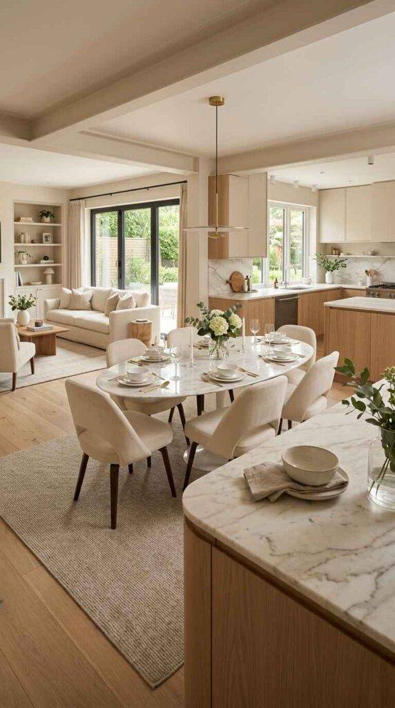 Open concept luxury dining area with oval marble table seamlessly connected to a modern white oak kitchen and living room.