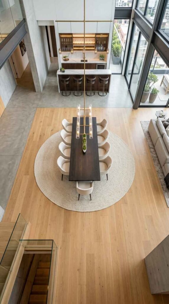 High-angle view of open-concept luxury layout connecting dining space, modern kitchen bar, and living area.