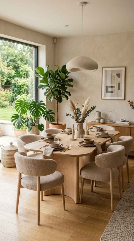 Organic modern luxury dining room featuring a soft curved light oak table, textured bouclé chairs, sculptural pendant lamp, and indoor plants.