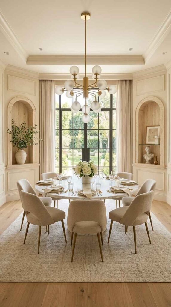 Modern organic luxury dining room with round marble table, brass globe chandelier, and built-in arched display niches.