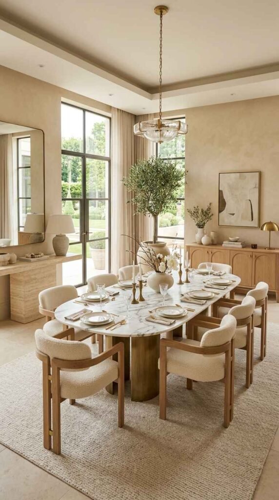 Luxury dining room furniture ensemble featuring oval marble dining table and wooden-framed bouclé dining armchairs.