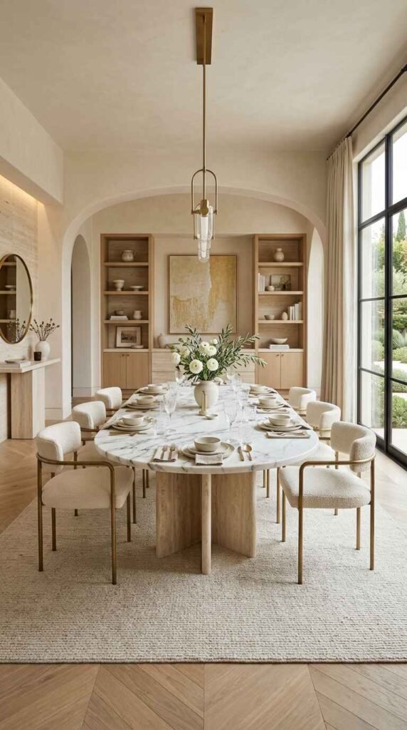 Formal luxury dining room layout with arched alcove, custom wooden built-in cabinetry, and oval marble dining table.