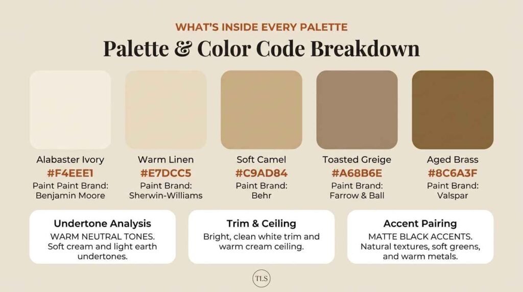 Color code breakdown showing hex codes, undertone analysis, and trim pairing recommendations