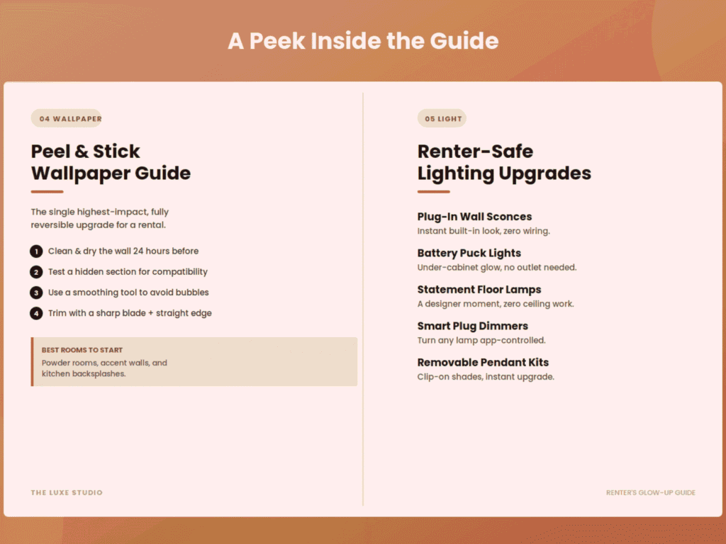 Inside page spread showing peel and stick wallpaper guide and renter safe lighting upgrades
