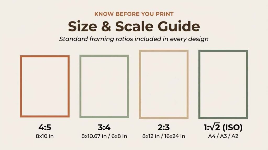 Printable wall art size and ratio framing guide.