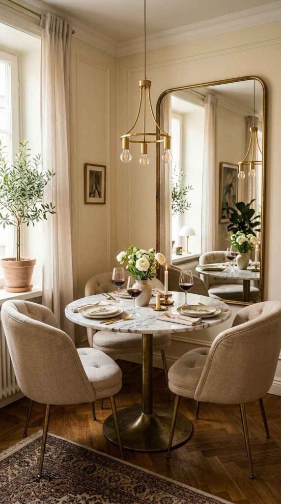 Intimate small luxury dining corner featuring round marble bistro table, brass chandelier, and tall floor mirror.