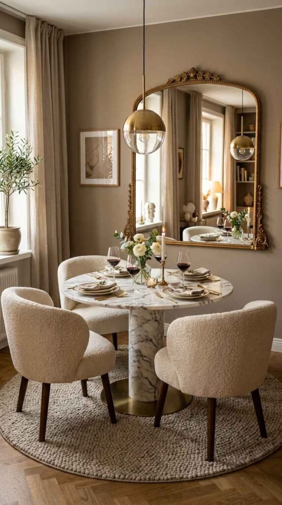 Small luxury dining nook featuring a round marble table, bouclé dining chairs, gold dome pendant light, and a large gold arch floor mirror.