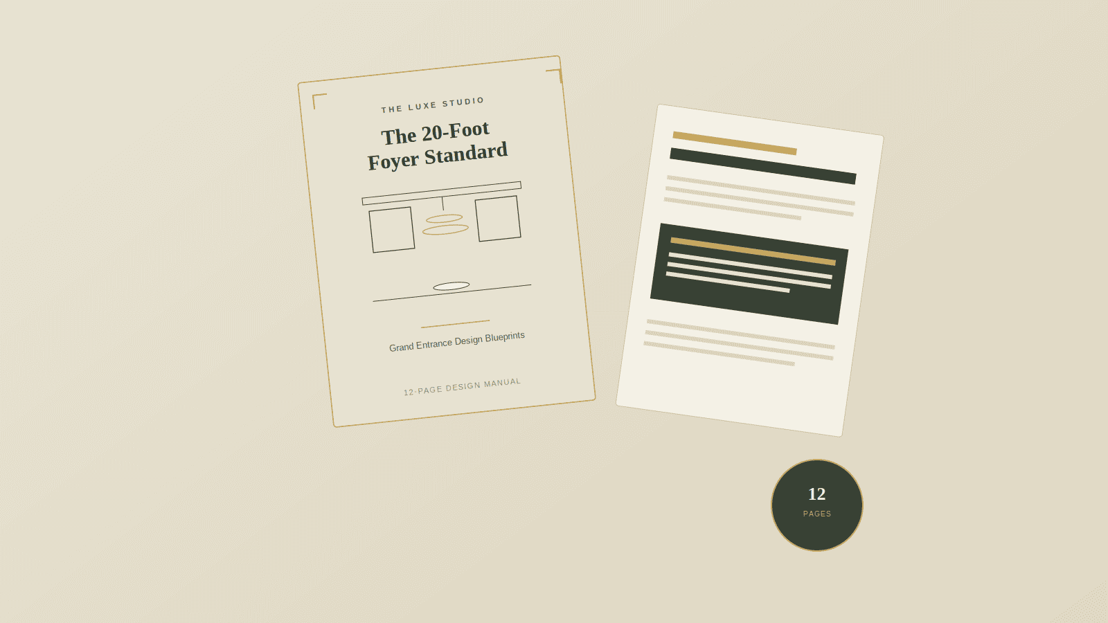 The 20-Foot Foyer Standard 12-page design manual PDF cover mockup by Luxe Studio on a warm cream background.