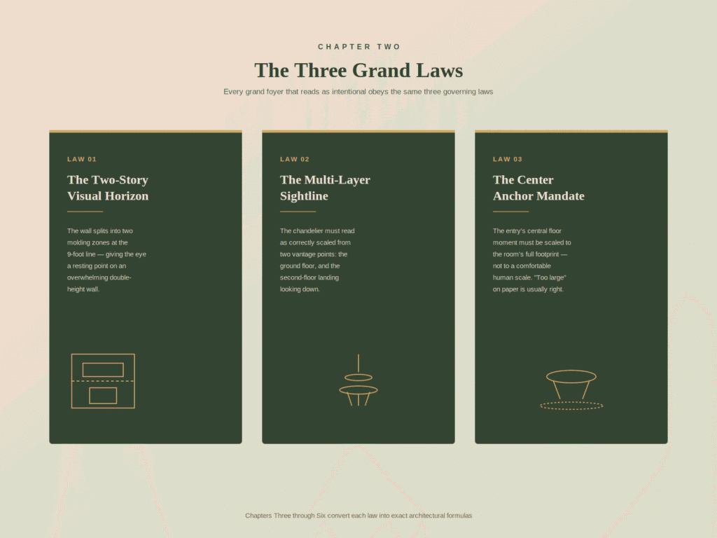 Overview of the Three Grand Laws of foyer design covering the two-story visual horizon, multi-layer sightlines, and center anchor mandates.